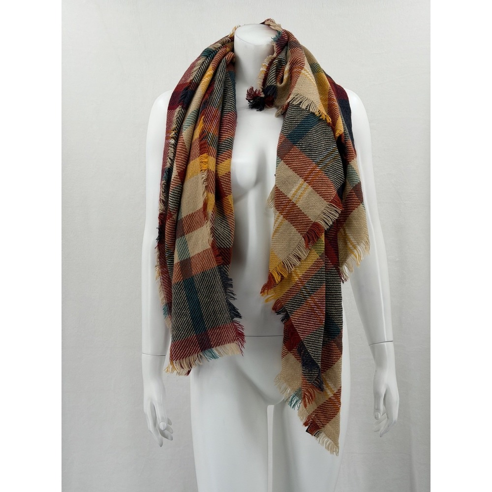Fraas‎ Scarf Womens Beige Red Plaid Fringe Oversized Wrap Blanket Fall Autumn